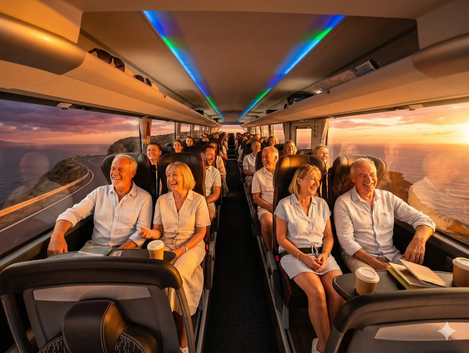 Passengers relaxing on a modern Tates coach with coastal scenery through the windows at sunset